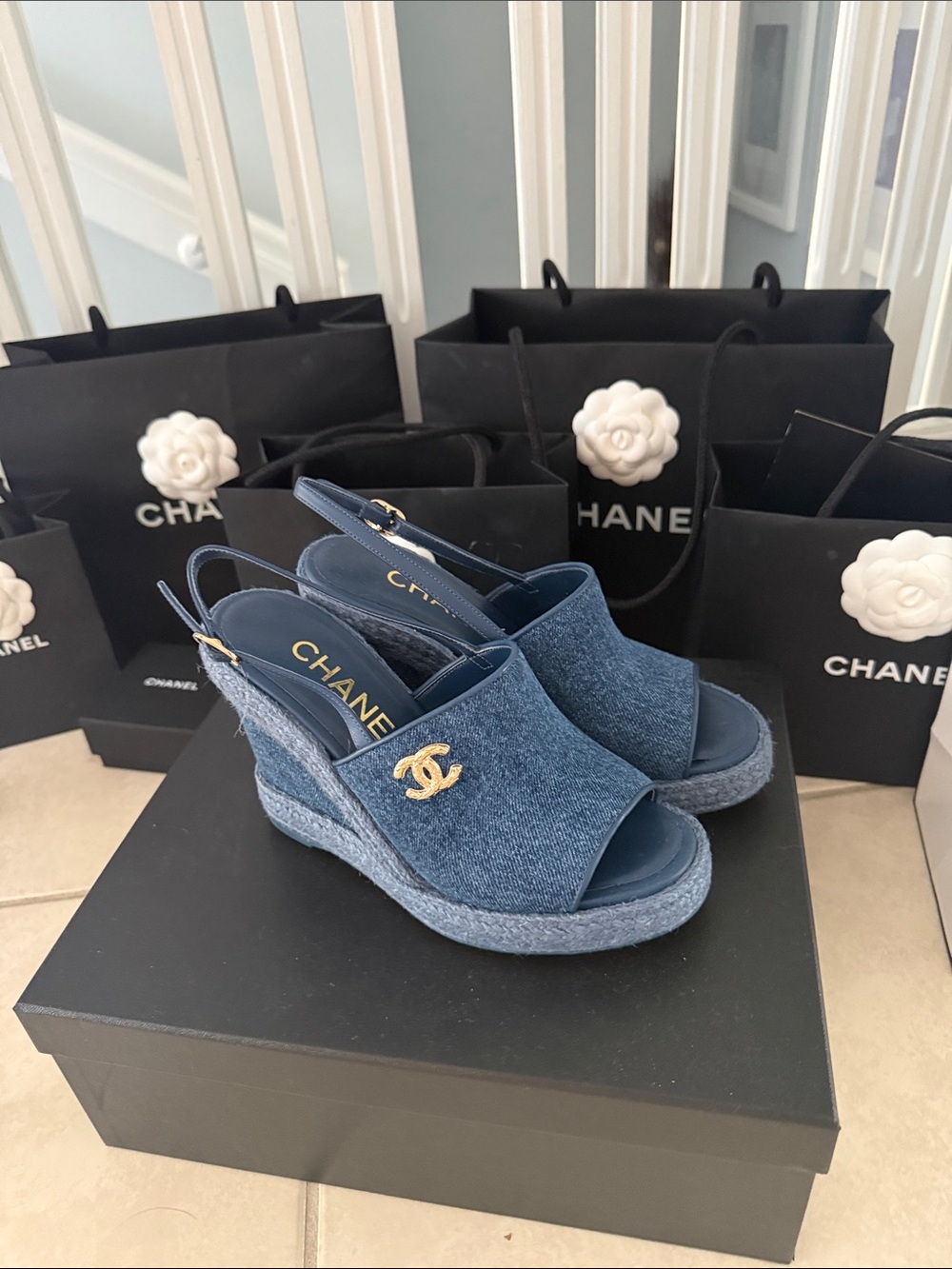 CHANEL Denim Blue Wedge Sandals with Gold CC